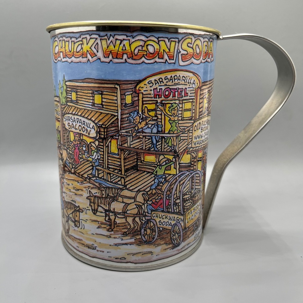 Chuck Wagon Soda Novelty Mug Cup Wild West Cartoon Illustration Metal Handle